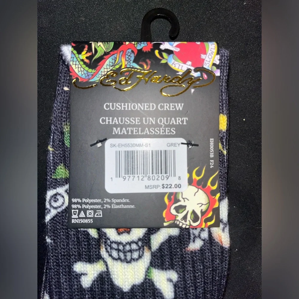 Ed Hardy Gray Crew Socks with Skull, Red Heart & Flame Graphics